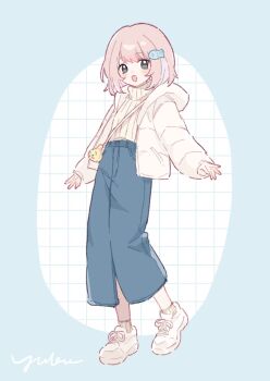 Rule 34 | 1girl, :d, blonde hair, blue border, blue skirt, blush, border, commentary, english commentary, fish hair ornament, full body, grey eyes, grid background, hair ornament, highres, jacket, long sleeves, looking at viewer, open clothes, open jacket, open mouth, original, outside border, ribbed sweater, round border, shoes, short hair, signature, skirt, smile, sneakers, socks, solo, standing, sweater, white background, white jacket, white shoes, white socks, white sweater, yukomeow