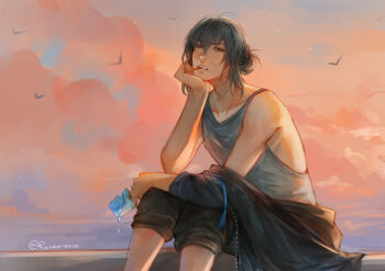 Rule 34 | 1boy, bird, black jacket, black pants, cloud, collarbone, commentary, dusk, english commentary, fate/grand order, fate (series), food, grey hair, grey tank top, hand rest, highres, holding, holding food, holding popsicle, jacket, looking at viewer, male focus, mouth hold, oberon (fate), outdoors, pants, popsicle, renrenka noi, short hair, sitting, solo, tank top, teeth hold