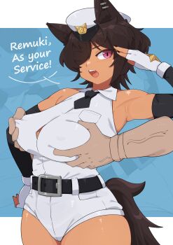 1girl absurdres animal_ear_piercing animal_ears armpits bare_shoulders belt black_belt black_hair black_necktie breasts collared_shirt dark-skinned_female dark_skin detached_sleeves disembodied_hand dog_ears dog_girl dog_tail english_text fingerless_gloves gloves grabbing_another's_breast groping hair_over_one_eye hand_on_own_hip hashimoto_seigi hat highres large_breasts long_sleeves looking_at_viewer necktie open_mouth original purple_eyes salute second-party_source shirt shorts sleeveless sleeveless_shirt solo_focus tail white_gloves white_hat white_shirt white_shorts