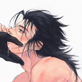 2024 2boys artist_name black_gloves black_hair blue_eyes commentary cross_scar earrings english_commentary facial_scar final_fantasy final_fantasy_vii gloves hair_slicked_back hand_on_another's_cheek hand_on_another's_face implied_fellatio jewelry long_hair male_focus multiple_boys row056 saliva scar scar_on_cheek scar_on_face sideburns single_earring topless_male white_background yaoi zack_fair