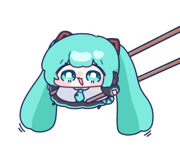 absurdly_long_hair aqua_eyes aqua_hair aqua_necktie black_sleeves chibi chopsticks hatsune_miku held_up highres long_hair necktie open_mouth twintails very_long_hair vocaloid white_background yananang