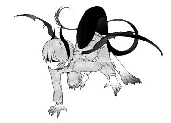 1girl all_fours allsu_official animal_feet claws commentary dragon_girl dragon_horns dragon_tail dragon_wings full_body gakuran greyscale horns monochrome monster_girl original reverse_trap school_uniform short_hair simple_background solo tail white_background wings