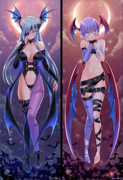 108_gou 2girls alternate_costume animal animal_print artist_name asymmetrical_legwear bandaged_arm bandaged_leg bandages bare_shoulders bat_(animal) bat_print bat_wings belt belt_bra belt_buckle belt_skirt black_footwear black_legwear black_leotard black_wings blue_legwear bottomless breasts bridal_gauntlets buckle cleavage closed_mouth clothing_cutout cloud collar crescent_moon cuffs demon_girl detached_sleeves eyebrows eyepatch fingernails flat_chest full_body green_eyes green_hair groin hair_between_eyes hand_on_own_cheek hand_on_own_face hands_on_own_cheeks hands_on_own_face head_wings heart heart_cutout highres knees_together_feet_apart large_breasts leotard light_particles lilith_(darkstalkers) long_fingernails long_hair low_wings midair moon morrigan_aensland multiple_girls nail_polish naked_belt navel no_shoes one_eye_covered pantyhose print_legwear purple_eyes purple_hair purple_legwear red_lips red_nails red_wings shade sharp_fingernails shoes single_leg_pantyhose single_thighhigh sky slit_pupils smile space_print split_screen starry_sky_print stomach strap_gap strapless thigh_gap thigh_strap thighhighs toes tube_top uneven_legwear darkstalkers wings yandere_trance