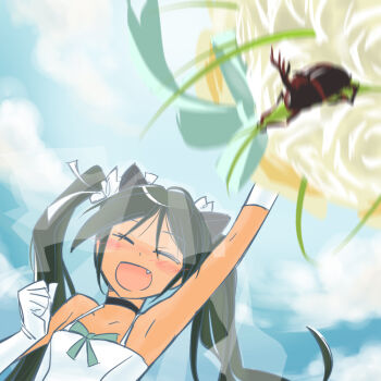 Rule 34 | 1girl, alternate costume, bare shoulders, beetle, black hair, blush, bouquet, bug, closed eyes, cloud, collar, day, dress, fang, female focus, flower, francesca lucchini, gloves, hair ribbon, insect, long hair, mukiki, ribbon, saitou chiwa, smile, solo, strike witches, throwing, twintails, voice actor connection, wedding, wedding dress, white gloves, world witches series