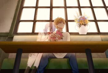 1boy 1girl black_boots blonde_hair blue_flower blue_pants boots bouquet chainsaw_man closed_eyes couple denji_(chainsaw_man) flower from_below furrowed_brow hair_between_eyes hair_bun hetero holding holding_bouquet holding_flower leaning_on_person lily_(flower) medium_hair nyauuu pants pink_flower purple_hair red_flower reze_(chainsaw_man) shirt short_hair short_sleeves sitting smile spirit t-shirt updo vase white_flower white_shirt yellow_flower