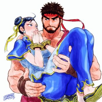 1boy 1girl ass beard black_hair blue_dress blue_eyes blue_pants blush bracelet brown_eyes brown_hair capcom carrying carrying_person china_dress chinese_clothes chun-li couple covering_own_mouth double_bun dress earrings embarrassed eyeshadow facial_hair flats forked_eyebrows gloves hair_bun hair_ribbon headband hetero jewelry looking_at_another makeup misodiru muscular muscular_male pants pectorals pelvic_curtain princess_carry red_headband ribbon ryu_(street_fighter) ryuu_(street_fighter) short_hair simple_background street_fighter street_fighter_6 thick_eyebrows thick_thighs thighs veins veiny_arms