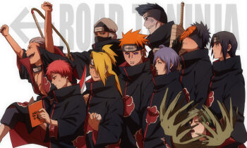 1girl 6+boys akasuna_no_hedoro akatsuki_(naruto) black_eyes black_hair blonde_hair blue_eyes blue_hair breasts brown_eyes deidara_(naruto) forehead_protector green_eyes green_hair hair_over_one_eye hidan_(naruto) hoshigaki_kisame kakuzu_(naruto) konan_(naruto) long_hair mask multiple_boys naruto:_road_to_ninja naruto_(series) naruto_shippuuden orange_hair pain_(naruto) pain_(tendo) purple_eyes red_hair rinnegan sasori_(naruto) short_hair spiked_hair uchiha_itachi uchiha_obito underboob yellow_eyes zetsu_(naruto)