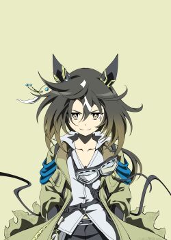 1girl animal_ears black_hair brown_eyes brown_hair closed_mouth coat collarbone collared_shirt commentary_request compass ear_covers goggles goggles_around_neck hair_between_eyes hands_in_pockets highres horse_ears horse_girl knife long_hair looking_at_viewer multicolored_hair sheath shirt simple_background solo stay_gold_(umamusume) streaked_hair torn_clothes torn_coat umamusume white_hair white_shirt yellow_coat zukki_(bijitaru)