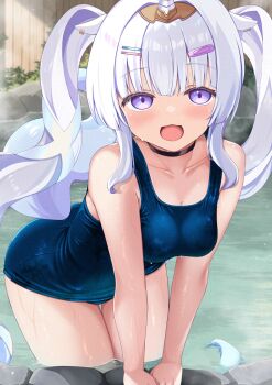 1girl animal_ears black_choker blue_one-piece_swimsuit blush breasts choker cleavage collarbone commentary_request hair_ornament hairclip highres kuro_yanagi leaning_forward long_hair looking_at_viewer medium_breasts one-piece_swimsuit open_mouth original paid_reward_available parallel_hairclips purple_eyes school_swimsuit solo swimsuit twintails very_long_hair wading