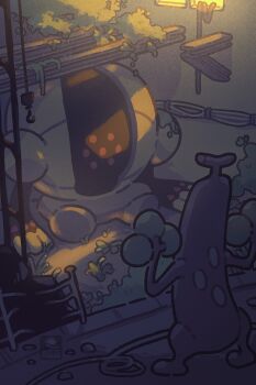 abandoned dilapidated gen_2_pokemon gen_3_pokemon grass highres horns legendary_pokemon light_rays moss nintendo no_humans overgrown petite_echorizon pokemon pokemon_(creature) pokemon_focus registeel rubble rust single_horn sudowoodo