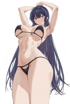 1girl armpits arms_up bikini black_bikini blush breasts cleavage clothing_cutout groin haite_kudasai_takamine-san hiiragi_yuuichi large_breasts long_hair looking_at_viewer navel official_art purple_hair red_eyes sideboob sidelocks simple_background smile stomach swimsuit takamine_takane thighs toned toned_female underboob very_long_hair white_background wide_hips