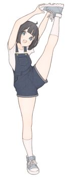 1girl 1ssakawaguchi absurdres ahoge arms_up blue_overalls blush bob_cut brown_hair full_body grey_eyes grey_shoes highres ichika_(1ssakawaguchi) kneepits looking_at_viewer open_mouth original overall_shorts overalls shirt shoes short_hair short_sleeves shorts simple_background smile socks solo split standing standing_on_one_leg standing_split stretching thighs white_background white_shirt white_socks