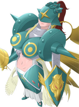 Rule 34 | 1girl, absurdres, angel, angel wings, armor, artificial wings, blonde hair, boobplate, breastplate, breasts, closed mouth, clothing cutout, commentary request, covered eyes, digimon, digimon (creature), dress, feathered wings, full body, golden wings, green armor, green helmet, green shoes, helmet, helmet over eyes, high heels, highres, holding, holding polearm, holding weapon, lance, large breasts, long hair, multiple wings, navel, ofanimon, polearm, shield, shoes, shoulder spikes, sidelocks, simple background, smile, solo, spikes, standing, stomach, stomach cutout, talkinghopper, weapon, white background, white dress, wings