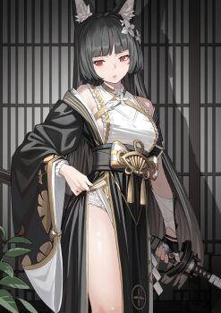 1girl animal_ear_fluff animal_ears bare_shoulders black_dress black_gloves black_hair commentary cowboy_shot dress fingerless_gloves flower fox_ears fox_girl gloves hair_flower hair_ornament highres holding holding_sword holding_weapon hoshimi_miyabi hoshimi_miyabi_(dignified_blossom) katana long_hair looking_at_viewer looking_down nonh_(wormoftank) official_alternate_costume open_mouth plant red_eyes shadow single_fingerless_glove single_glove solo sword two-tone_dress weapon white_dress white_flower zenless_zone_zero