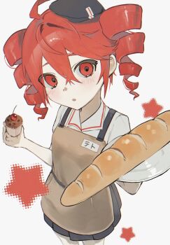 Rule 34 | 1girl, ahoge, alternate costume, apron, baguette, black hat, bread, cherry, commentary request, cupcake, drill hair, feet out of frame, food, from above, fruit, hair between eyes, hat, highres, holding, holding food, holding plate, kasane teto, light blush, looking at viewer, m888992l7, name tag, parted lips, plate, red eyes, red hair, shirt, short sleeves, solo, twin drills, utau, white background, white shirt