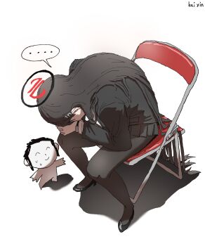 ... 1boy 1girl absurdres artist_name bent_back black_hair black_halo black_jacket black_pantyhose black_shoes black_skirt blue_archive chair commentary depressed doodle_sensei_(blue_archive) folding_chair hair_behind_ear hair_ornament hairclip halo head_down high_heels highres jacket kai_xin long_hair meme multicolored_halo pantyhose pleated_skirt rio_(blue_archive) sensei_(blue_archive) shinji_in_a_chair_(meme) shoes simple_background sitting skirt spoken_ellipsis symbol-only_commentary two-tone_halo white_background