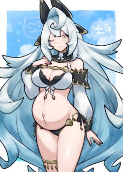 1girl absurdres bare_shoulders black_bow bow breasts commission commissioner_upload detached_sleeves dragalia_lost gabriel_(dragalia_lost) hair_bow hand_on_own_chest highres large_breasts long_hair multicolored_eyes navel non-web_source one_eye_closed pregnant rotomdocs signature smile swimsuit very_long_hair white_hair