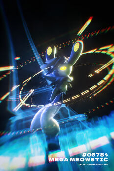 Rule 34 | absurdres, blue fur, celebi350300687, colored sclera, forked tail, gen 6 pokemon, glowing, glowing ears, glowing eyes, highres, hologram, mega meowstic, mega pokemon, meowstic, neck fur, nintendo, pokemon, pokemon (creature), pokemon focus, pokemon legends: z-a, prism tower, tail, two-tone fur, white fur, yellow sclera