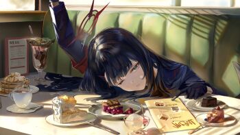 1girl aritsuno armband black_gloves black_hair black_sailor_collar blue_archive cake chocolate closed_mouth commentary_request cream cup food fork glass gloves halo highres ice_cream ichika_(blue_archive) indoors leaning_on_table long_hair looking_at_viewer menu one_eye_closed plate red_armband red_halo sailor_collar solo spoon table