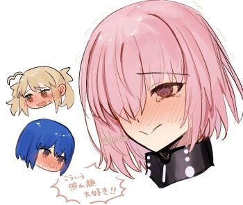 3girls 710_ao @_@ ahoge artist_name artoria_caster_(fate) artoria_pendragon_(fate) blonde_hair blue_eyes blue_hair blush_visible_through_hair c.i.e.l_(fate) ciel_(tsukihime) closed_mouth cropped_head fate/grand_order fate_(series) green_eyes hair_over_one_eye mash_kyrielight mash_kyrielight_(ortenaus) multiple_girls mysterious_executor_c.i.e.l_(fate) purple_eyes purple_hair short_hair smile tearing_up trembling twintails