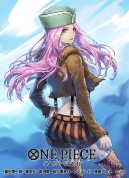 1girl breasts brown_jacket cheek_piercing cloud cloudy_sky commentary_request copyright_name copyright_notice crop_top cropped_jacket face_piercing feet_out_of_frame fur-trimmed_jacket fur_trim green_hat hand_on_own_hip hat jacket jewelry_bonney large_breasts long_hair long_sleeves looking_at_viewer looking_back official_art one_piece one_piece_card_game open_clothes open_jacket piercing pink_hair red_lips ribbed_shorts shorts sky solo suspenders thighhighs uroko_(mnr)