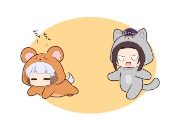 2girls animal_hood black_hair blank_eyes blunt_bangs cat_hood character_request chibi chibi_only closed_eyes commentary_request full_body gold_ship_(umamusume) gomashio_(goma_feet) grey_hair hat hood hood_up horse_girl horse_tail light_blush long_hair mouse_hood multiple_girls open_mouth orange_background purple_hat standing tail translation_request umamusume