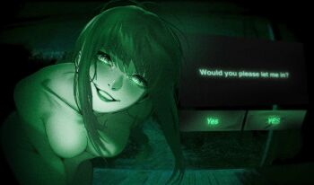 1girl bent_over breasts chainsaw_man collarbone english_text esmile green_theme highres looking_at_viewer makima_(chainsaw_man) night night_vision no_i&#039;m_not_a_human nude ringed_eyes smile solo teeth
