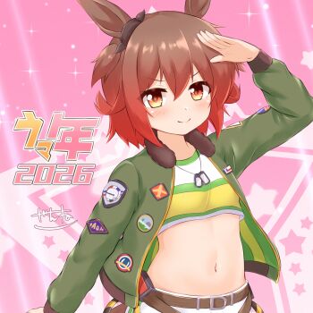 Rule 34 | 1girl, 2026, animal ears, bomber jacket, bow, brown hair, chinese zodiac, commentary request, cosplay, crop top, dog tags, ear ribbon, green jacket, highres, horse ears, horse girl, horse tail, jacket, kantai collection, logo parody, looking at viewer, mayano top gun (scramble zone) (umamusume), mayano top gun (umamusume), mayano top gun (umamusume) (cosplay), multicolored shirt, mutsuki (kancolle), pink background, red eyes, red hair, salute, short hair, shorts, solo, standing, standing on one leg, star (symbol), star symbol background, tail, two side up, umamusume, upper body, white shorts, year of the horse, zanne