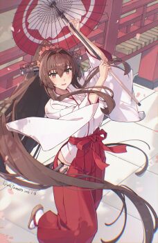 1girl anchor arms_up brown_eyes brown_hair cherry_blossoms clothing_cutout commentary_request flower hair_between_eyes hair_flower hair_ornament hakama hakama_pants headgear highres himeyamato japanese_clothes kantai_collection long_hair looking_at_viewer oil-paper_umbrella open_mouth pants ponytail red_hakama red_umbrella sandals side_cutout smile socks solo umbrella very_long_hair white_socks yamato_(kancolle)