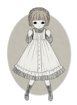 Rule 34 | 1girl, apron, black boots, black dress, black eyes, blunt bangs, boots, braid, buttons, closed mouth, collared dress, commentary, crown braid, double middle finger, dress, eleanor (ohmyeleanor), expressionless, frilled apron, frilled dress, frills, full body, lace-up boots, looking at viewer, middle finger, mob face, original, pale skin, short hair, sidelocks, solo, symbol-only commentary, white apron