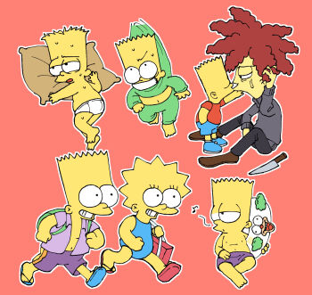 1girl 20th_century_fox 2boys age_difference back backpack bag bare_back bare_legs barefoot bart_simpson blonde_hair chawako_(spchawanmushi) child colored_skin covered_mouth feet flip-flops floating floating_object grin highres kiss knife krusty_the_clown legs leotard lisa_simpson lying male_underwear messy_hair multiple_boys one-piece_swimsuit pajamas pants pillow red_hair running sandals shirt shoes shorts shota sideshow_bob sitting size_difference smile soles spiked_hair sweat sweatdrop swimsuit the_simpsons toes underwear underwear_only waking_up white_male_underwear yaoi yellow_skin