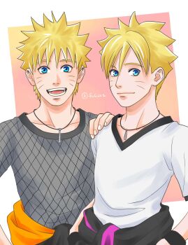 Rule 34 | 2boys, aged up, alternate universe, blonde hair, blue eyes, boruto: naruto next generations, clothes around waist, commentary request, facial mark, hand on another's shoulder, hands in pockets, highres, jacket, jacket around waist, jewelry, male focus, matsu (fu6ide2), multiple boys, naruto (series), naruto shippuuden, necklace, open mouth, shirt, smile, t-shirt, time paradox, uzumaki boruto, uzumaki naruto, whisker markings, wristband