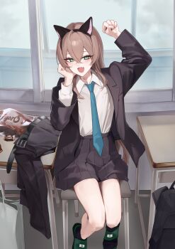1boy absurdres animal_ears brown_hair classroom collared_shirt crossdressing crossdressing_(mtf) fake_animal_ears green_eyes highres jacket long_hair looking_at_viewer necktie open_clothes open_jacket original pleated_skirt school_uniform shirt sitting skirt sologl trap white_shirt zurui_ninjin