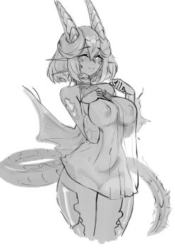 1girl barbariank bare_arms bare_shoulders blush bottomless breasts come_hither commentary cowboy_shot dragon_girl dragon_tail dungeons_&amp;_dragons english_commentary gold_dragon_(barbariank) gold_dragon_(d&amp;d) greyscale hair_between_eyes hand_on_own_chest highres horns large_breasts looking_at_viewer monochrome monster_girl navel nightgown nipples personification scales see-through_clothes see-through_nightgown short_hair simple_background smile solo tail wings