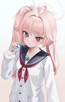 1girl ahoge black_sailor_collar blue_archive cardigan drink_carton halo highres holding holding_milk_carton looking_at_viewer milk_carton natsu_(blue_archive) neckerchief pink_hair pink_halo poyih red_eyes red_neckerchief sailor_collar side_ponytail solo trinity_general_school_logo upper_body white_cardigan