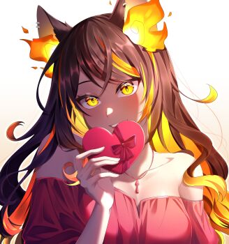 Rule 34 | 1girl, absurdres, alternate costume, animal ears, bare shoulders, bead necklace, beads, blush, bow, box, breasts, brown hair, casual, clothing cutout, collarbone, colored inner hair, commentary, dress, earclip, fiery ears, fire, gem, gift, gift box, gradient hair, grin, head tilt, heart, heart-shaped box, highres, holding, holding box, holding gift, indie virtual youtuber, jewelry, long hair, looking at viewer, loose hair strand, multicolored hair, necklace, orange fire, orange hair, pendant, portrait, red bow, red dress, red gem, red pendant, rin teaq, shade, simple background, sinder (vtuber), smile, solo, untranslatable commentary, valentine, virtual youtuber, white background, wolf ears, wolf girl, yellow eyes