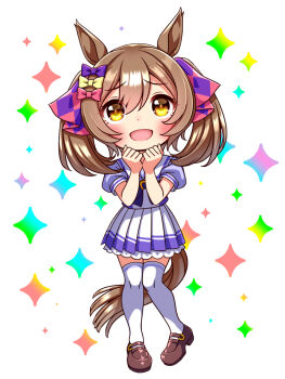 1girl animal_ears blush bow bowtie breasts brown_eyes brown_hair chibi chibi_only commentary_request full_body hair_between_eyes hair_bow highres horse_ears horse_girl horse_tail looking_at_viewer medium_hair multiple_hair_bows open_mouth pink_bow pleated_skirt puffy_short_sleeves puffy_sleeves purple_bow purple_bowtie purple_shirt sailor_collar sailor_shirt school_uniform shirt shoes short_sleeves skirt smart_falcon_(umamusume) smile solo sugimotty_nova tail thighhighs tracen_school_uniform twintails umamusume white_sailor_collar white_skirt white_thighhighs yellow_bow zettai_ryouiki