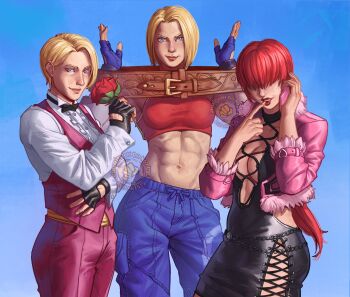 3girls blonde_hair blue_eyes blue_mary bow bowtie breasts cleavage_cutout clothing_cutout coat dress earrings female_focus flower fluffy formal_clothes heart highres huge_breasts jacket jewelry king_(snk) large_breasts long_hair looking_at_viewer luis_silva luisarts15 multiple_girls pale_skin pants phone red_hair rose shermie_(kof) shirt short_hair skirt standing suit tank_top the_king_of_fighters thick_lips thick_thighs thighs tight_clothes tight_shirt tuxedo white_shirt