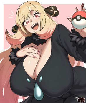 1girl absurdres black_dress black_pants blonde_hair breasts cleavage cosplay cynthia_(pokemon) cynthia_(pokemon)_(cosplay) dress fingernails fur-trimmed_sleeves fur_collar fur_trim gradient_hair hair_ornament hand_on_own_chest highres holding holding_poke_ball huge_breasts kitagawa_marin long_fingernails long_hair looking_at_viewer mewmaster93 multicolored_hair nintendo open_mouth pants pink_eyes pink_nails poke_ball pokemon pokemon_dppt smile solo sono_bisque_doll_wa_koi_wo_suru very_long_hair