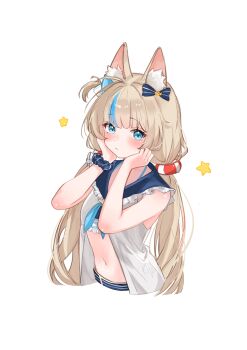 1girl absurdres animal_ear_fluff animal_ears artist_name belt blonde_hair blue_belt blue_bow blue_eyes blue_scrunchie blush bow cat_ears cayziia closed_mouth cropped_torso hair_bow hands_on_own_face hands_up hashtag-only_commentary highres indie_virtual_youtuber long_hair looking_at_viewer low_twintails multicolored_hair navel open_clothes open_shirt sameko_saba scrunchie shirt simple_background sleeveless sleeveless_shirt solo star_(symbol) stomach streaked_hair twintails virtual_youtuber watermark white_background white_shirt wrist_scrunchie