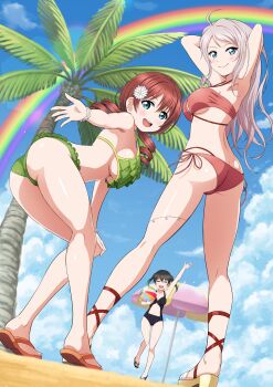 3girls absurdres ahoge arms_behind_head ball beachball bikini black_hair black_one-piece_swimsuit blue_eyes blue_sky blush bracelet breasts brown_hair casual_one-piece_swimsuit closed_eyes closed_mouth cloud commentary_request commission emma_verde emma_verde_(kujibikido_swimsuit) flower flower_bracelet green_bikini grey_hair hair_flower hair_ornament highres holding holding_ball holding_beachball jewelry large_breasts long_hair looking_at_viewer love_live! love_live!_nijigasaki_high_school_idol_club medium_breasts mia_taylor multiple_girls navel one-piece_swimsuit open_mouth outdoors palm_tree pokemoa rainbow red_bikini sandals skeb_commission sky smile stomach swimsuit takasaki_yu tree umbrella