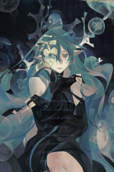 1girl absurdres ahoge baichuan_baichuan bare_shoulders black_gloves blue_eyes blue_hair bow bridal_gauntlets closed_mouth coral detached_sleeves eyelashes gloves hair_bow highres huge_ahoge jellyfish lips long_hair long_sleeves one_eye_covered original pale_skin pointy_ears shell sitting solo watermark white_bow