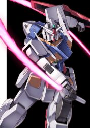 Rule 34 | 0 gundam, absurdres, arm shield, beam saber, black background, blue eyes, clenched hand, commentary, eye trail, gn drive, gundam, gundam 00, highres, holding, holding sword, holding weapon, light trail, mecha, mecha focus, mobile suit, motion blur, no humans, robot, science fiction, slashing, solo, sword, takahashi masaki, twisted torso, two-tone background, v-fin, weapon, white background