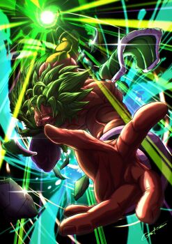 1boy armor bracer broken_armor broly_(dragon_ball_super) clenched_teeth colored_sclera commentary cross_scar dragon_ball dragon_ball_super dragon_ball_super_broly energy_ball english_commentary facial_scar gekiroo glowing glowing_eyes green_hair highres incoming_attack legendary_super_saiyan leggings male_focus medium_hair no_pupils pelt purple_leggings reaching reaching_towards_viewer red_sclera scar scar_on_cheek scar_on_chest scar_on_face solo spiked_hair super_saiyan teeth topless_male