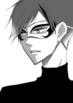 1boy batman_(series) dc_comics dick_grayson domino_mask eye_mask male_focus mask monochrome parted_lips short_hair simple_background solo turtleneck young_justice:_invasion