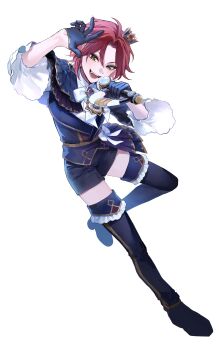 1boy 43c :d absurdres black_boots black_gloves black_jacket black_shorts boots collared_shirt commentary_request full_body gloves half_gloves hand_up highres holding holding_microphone idol_clothes idol_time_pripara jacket leg_up long_sleeves looking_at_viewer male_focus microphone mitaka_asahi neck_ribbon open_mouth parted_bangs pretty_series pripara red_hair ribbon shirt short_hair shorts simple_background smile solo standing standing_on_one_leg thigh_boots white_background white_ribbon