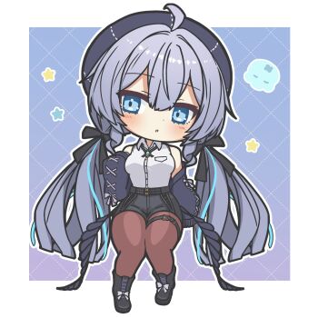 ahoge arute_arisu bare_shoulders black_cardigan black_ribbon black_shorts blue_eyes boots breast_pocket breasts brown_pantyhose cardigan cardigan_partially_removed chest_jewel chibi chibi_only collared_shirt commentary_request drill_hair drill_sidelocks full_body gradient_background grey_hair hair_between_eyes hair_intakes hair_ribbon head_tilt high-waist_shorts highres jellyfish lace-up_boots looking_at_viewer loose_hair_strand neck_ribbon open_cardigan open_clothes pantyhose pocket ramune_(vrchat) ribbon shirt shorts sidelocks simple_background sleeveless sleeveless_shirt small_breasts star_(symbol) thick_thighs thigh_strap thighs twintails upper_body vrchat white_shirt