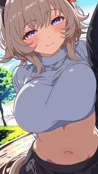 Rule 34 | 1girl, 1other, 96dai 0313, absurdres, animal ears, black skirt, blue sky, blurry, blurry background, blush, breasts, closed mouth, cloud, commentary, curren chan (umamusume), day, grass, highres, horse ears, horse girl, large breasts, midriff, navel, outdoors, park, purple eyes, skirt, sky, smile, solo, solo focus, sweater, tree, turtleneck, turtleneck sweater, umamusume, white sweater