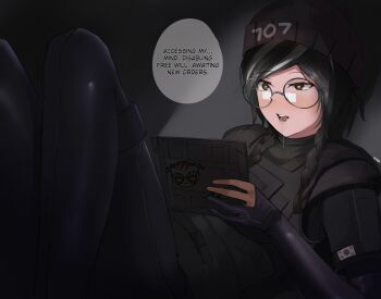 1girl beanie black_eyes black_hair braid dokkaebi_(rainbow_six_siege) drooling english_text eroborne fingerless_gloves gloves hat highres holding holding_tablet_pc hypnosis legs lying mind_control multicolored_hair on_back open_mouth rainbow_six rainbow_six_siege round_eyewear saliva screen_light simple_background solo speech_bubble tablet_pc tactical_clothes tongue tongue_out twin_braids two-tone_hair white_hair