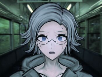1boy aotsuki_eito blurry blurry_background chinese_commentary commentary_request danganronpa_(series) glasses grey_eyes grey_hair highres jacket komatsuzaki_rui_(style) looking_at_viewer male_focus nervous_sweating open_mouth parody photo_background portrait short_hair solo style_parody sweat taznrie1126 the_hundred_line_-last_defense_academy- white_jacket